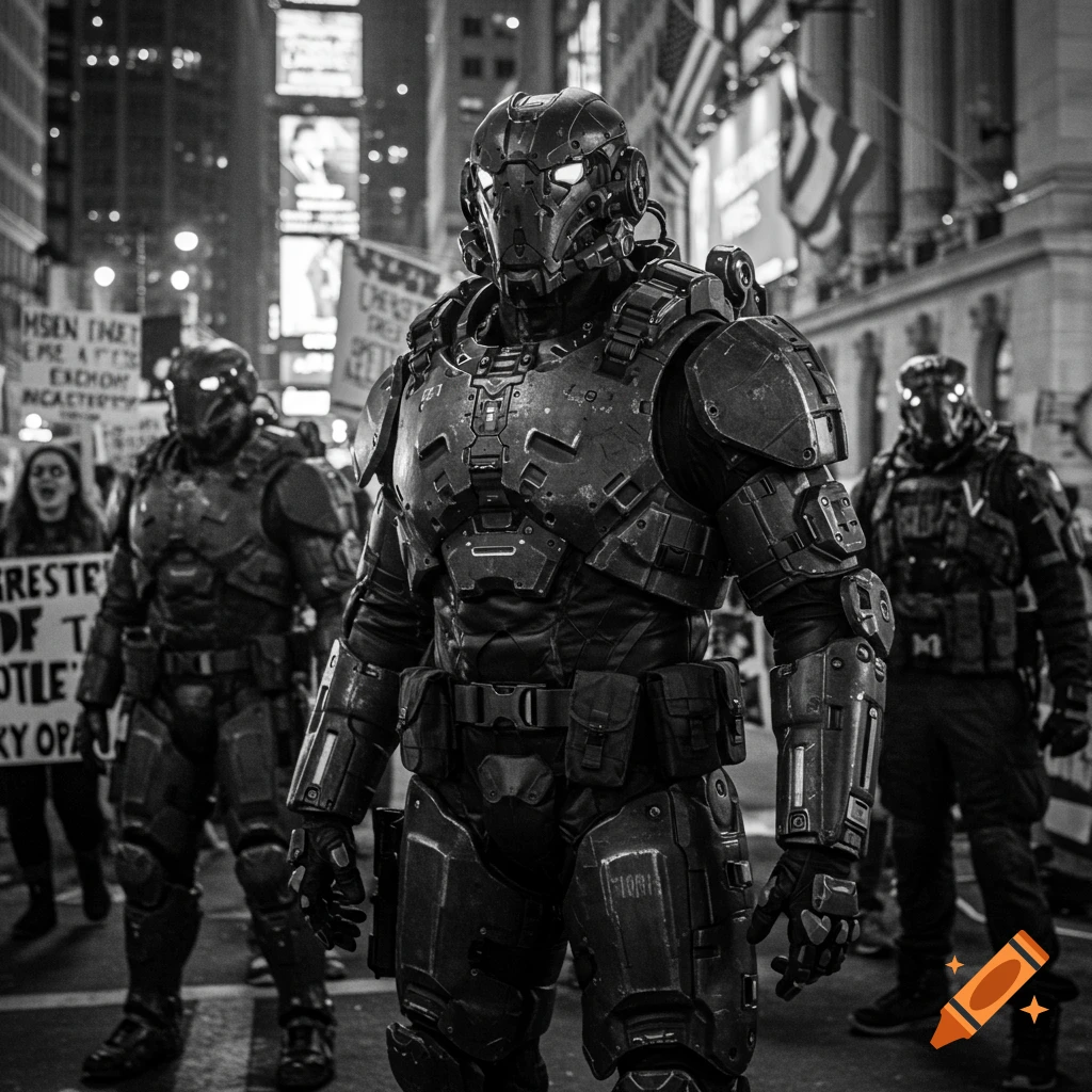 Photorealistic black and white image of three armored Helldiver-like figures standing on a city street at night, with protest signs in the blurred background.
