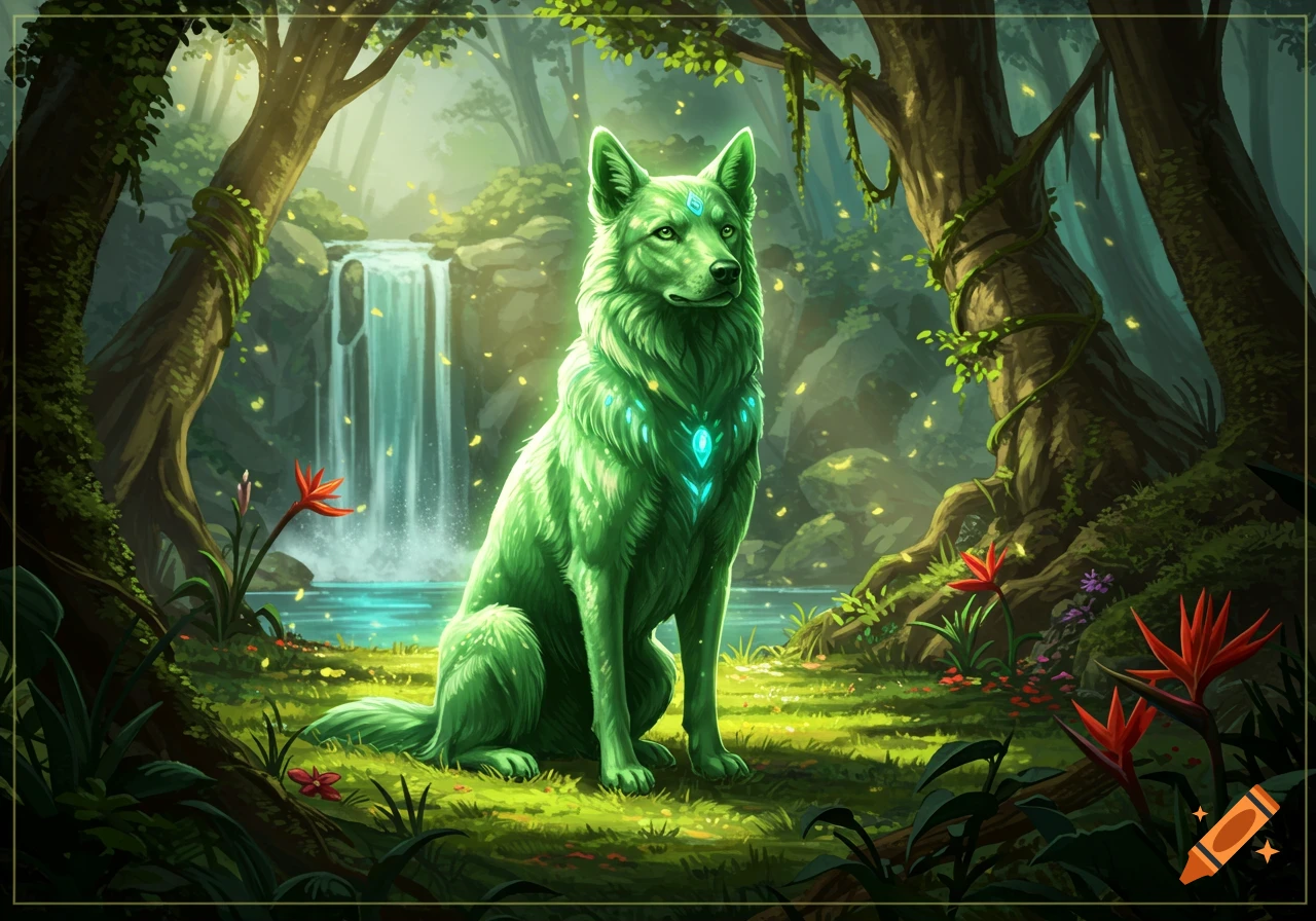 A glowing green wolf-like creature sits in a lush, magical forest with a waterfall and floating glowing particles.