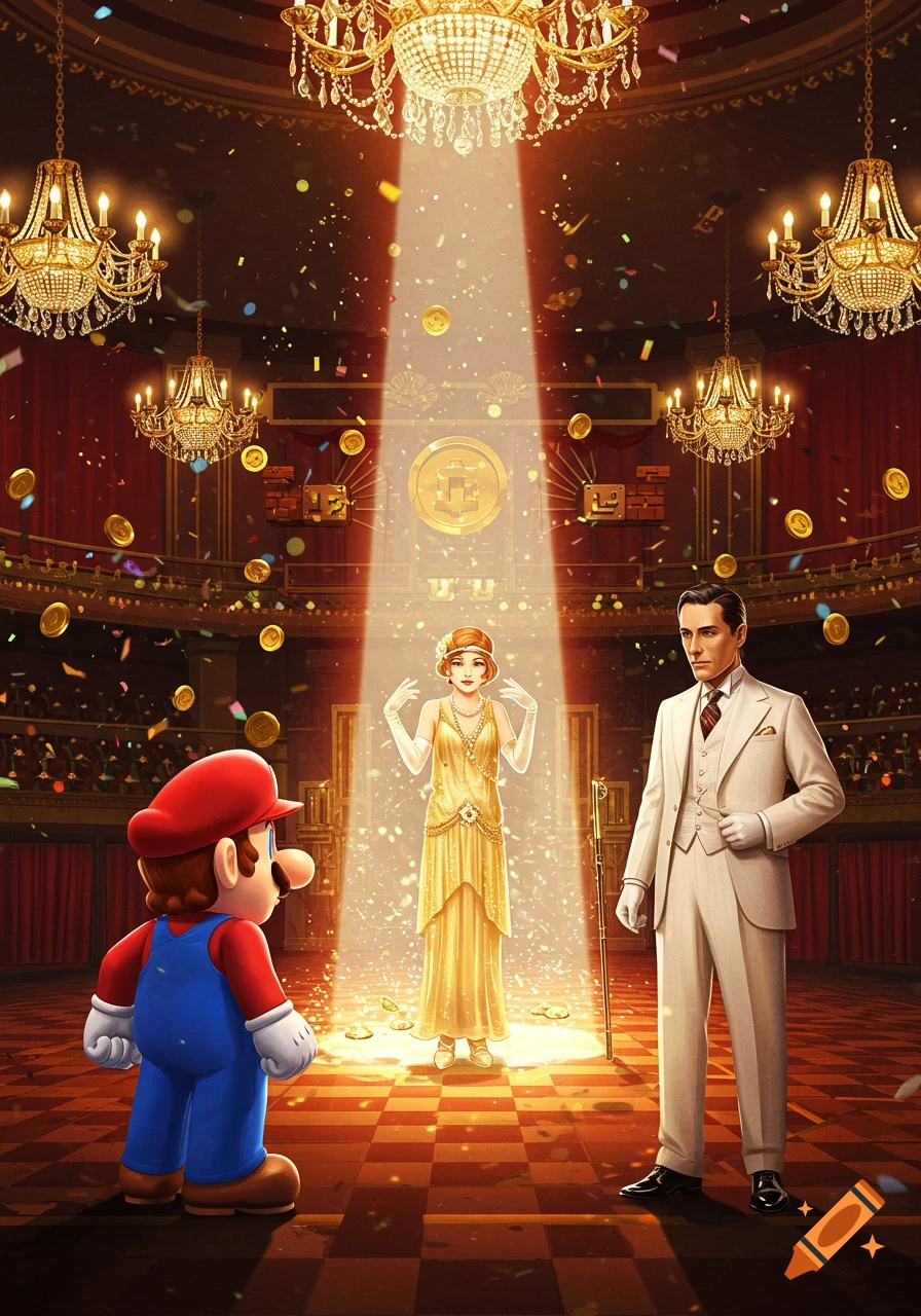 Mario, a man in a white suit, and a woman in a gold flapper dress stand on a stage in an opulent theater with falling coins and confetti.