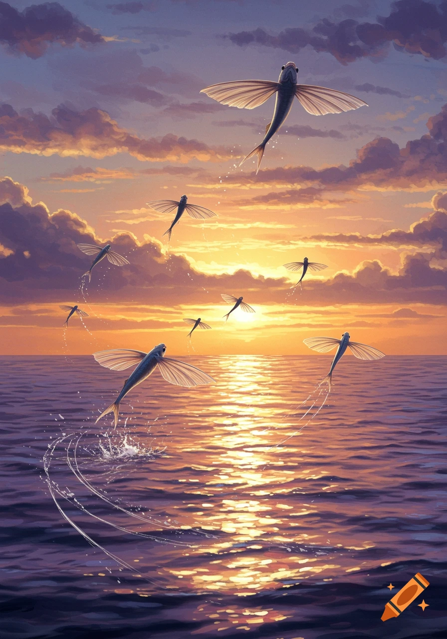 Flying fish leap from a calm ocean under a vibrant sunset sky, reflecting on the water. Painting style.