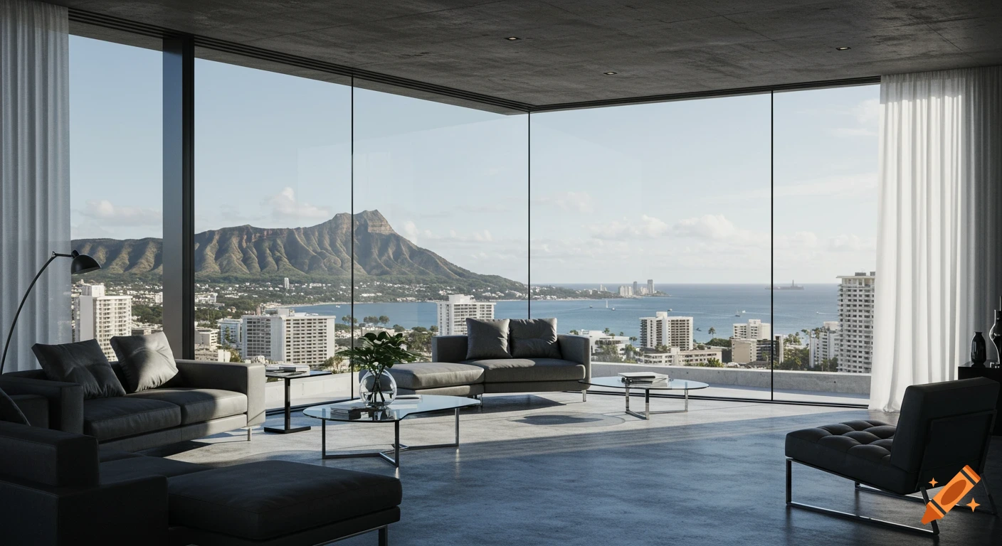 Photorealistic modern room with floor-to-ceiling windows overlooking a cityscape, ocean, and Diamond Head.