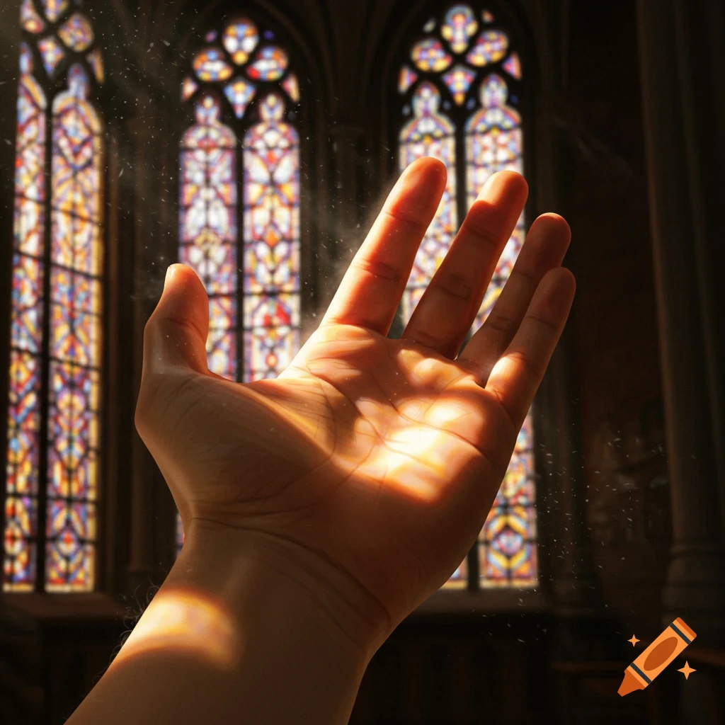 A hand reaches out, illuminated by rays of light shining through colorful stained glass windows in a church.