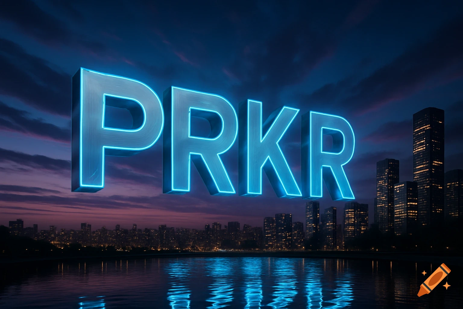 3D glowing blue text 'PRKR' floats above a dark cityscape with reflections in the water at dusk.