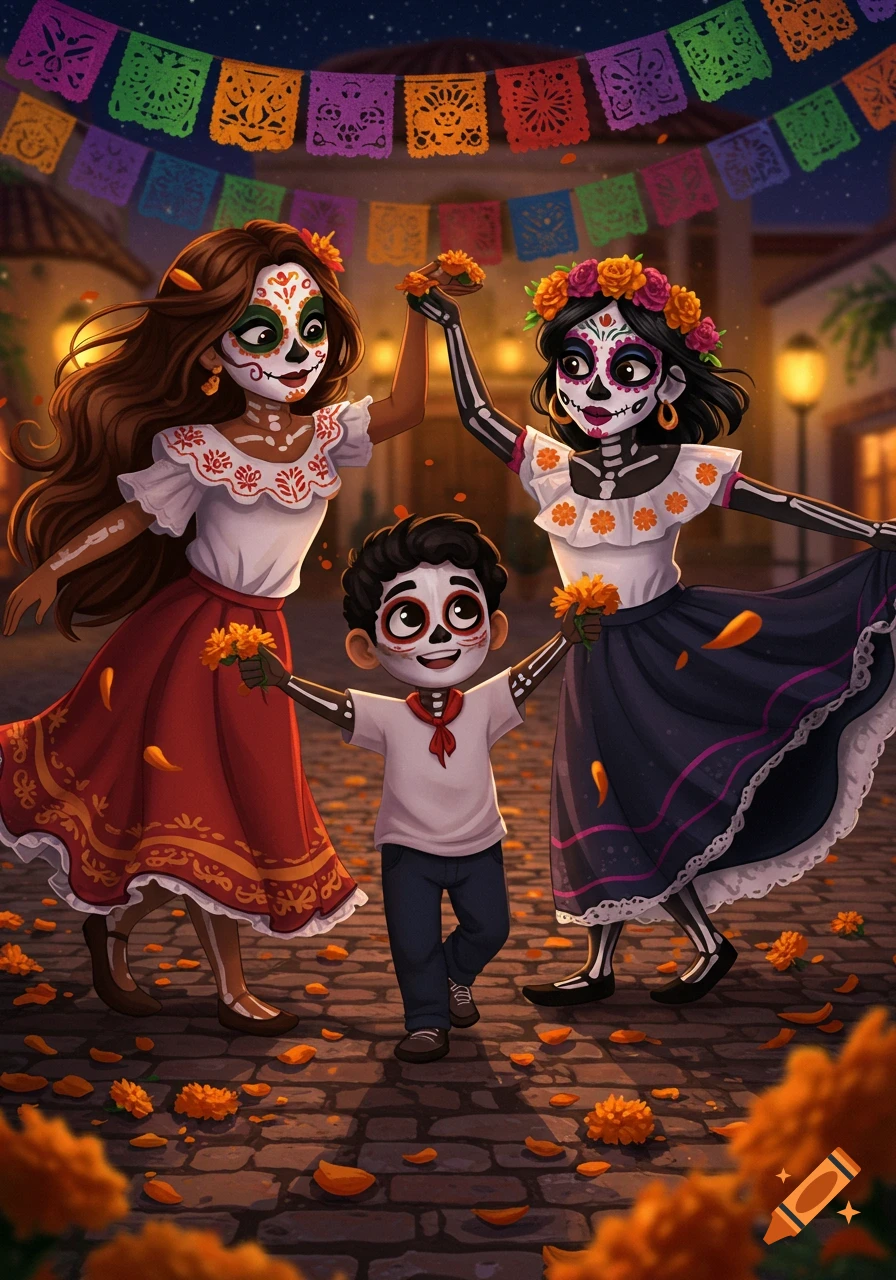 Cartoon illustration of two women and a boy with Day of the Dead face paint dancing on a street at night, with colorful banners and marigolds.