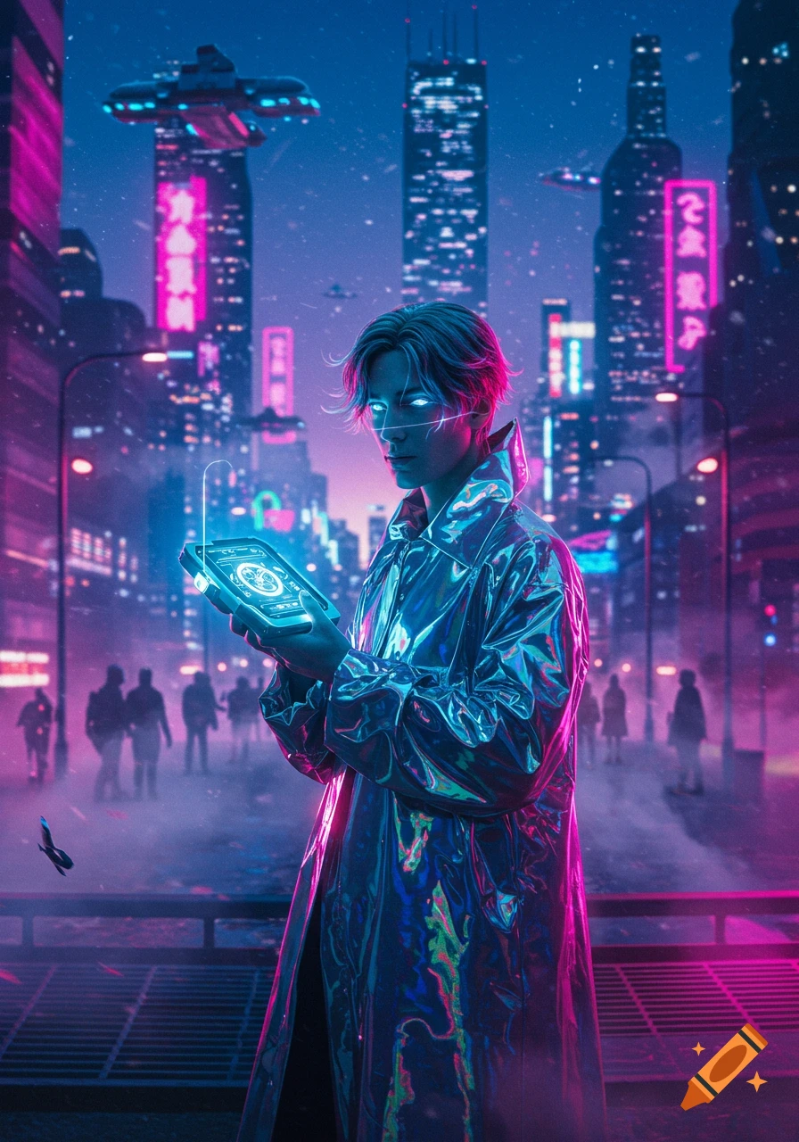 Person in a metallic coat looks at a glowing tablet in a vibrant neon-lit cyberpunk city at night with flying vehicles.