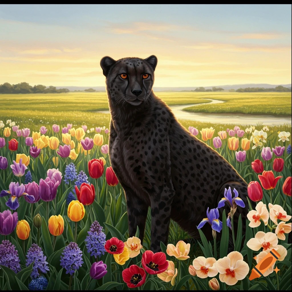 A black cheetah with orange eyes sits in a vibrant field of colorful tulips, irises, and orchids, with a river and green fields in the background.