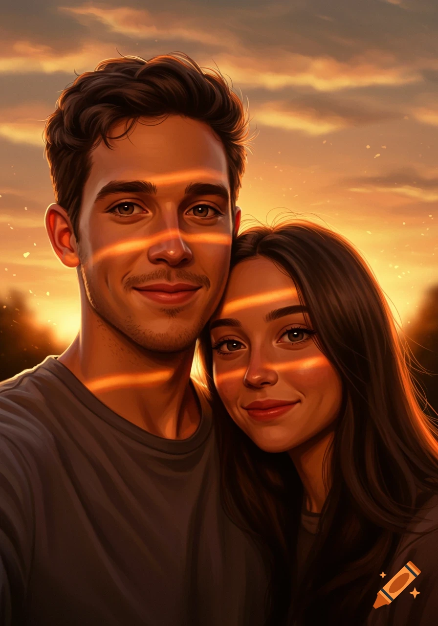 Young couple smiling in a warm, striped light at sunset, digital art style.