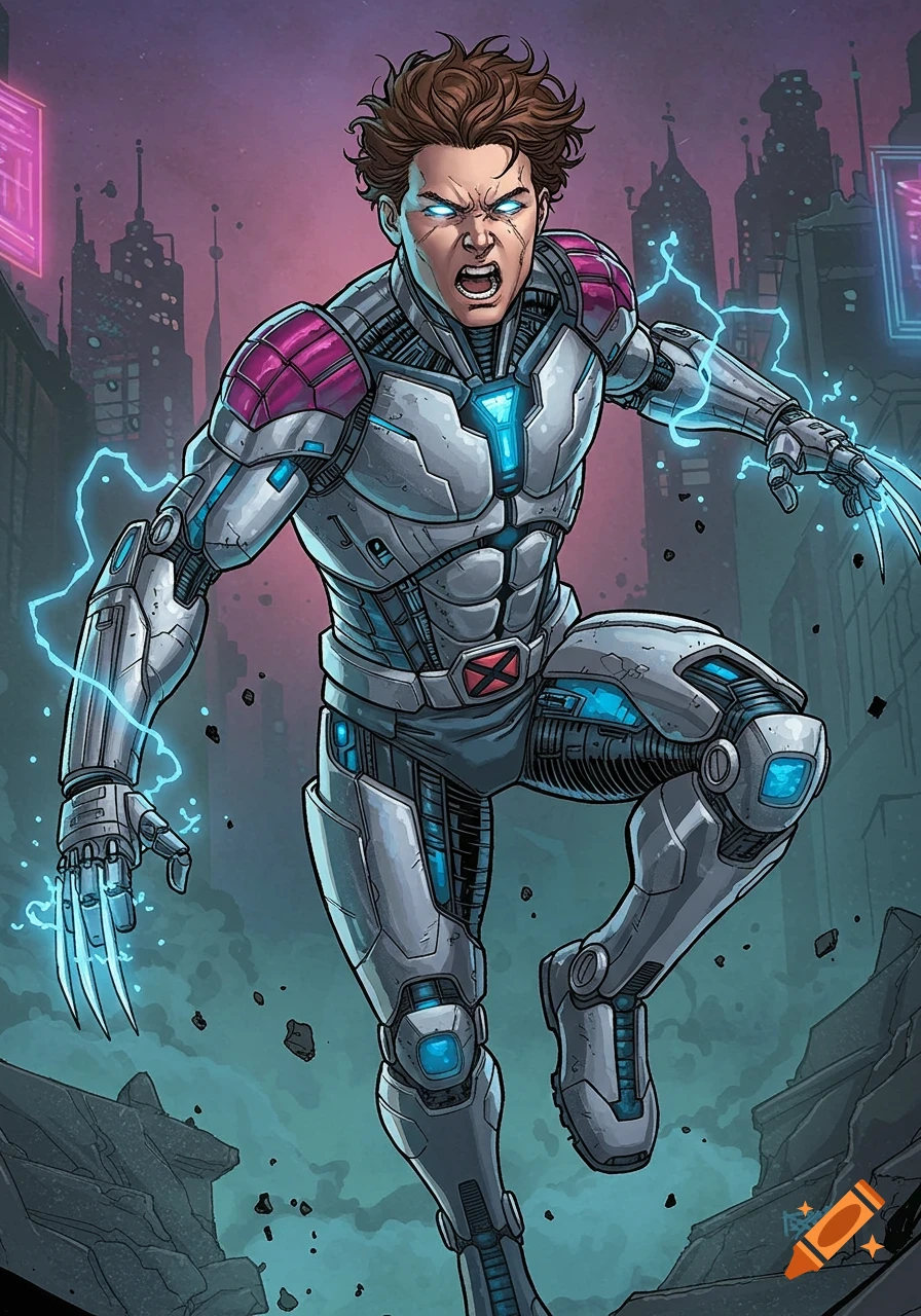 A teenage mutant in white and pink Sentinel armor with glowing blue eyes and energy claws, in a dynamic pose against a city backdrop, comic book style.