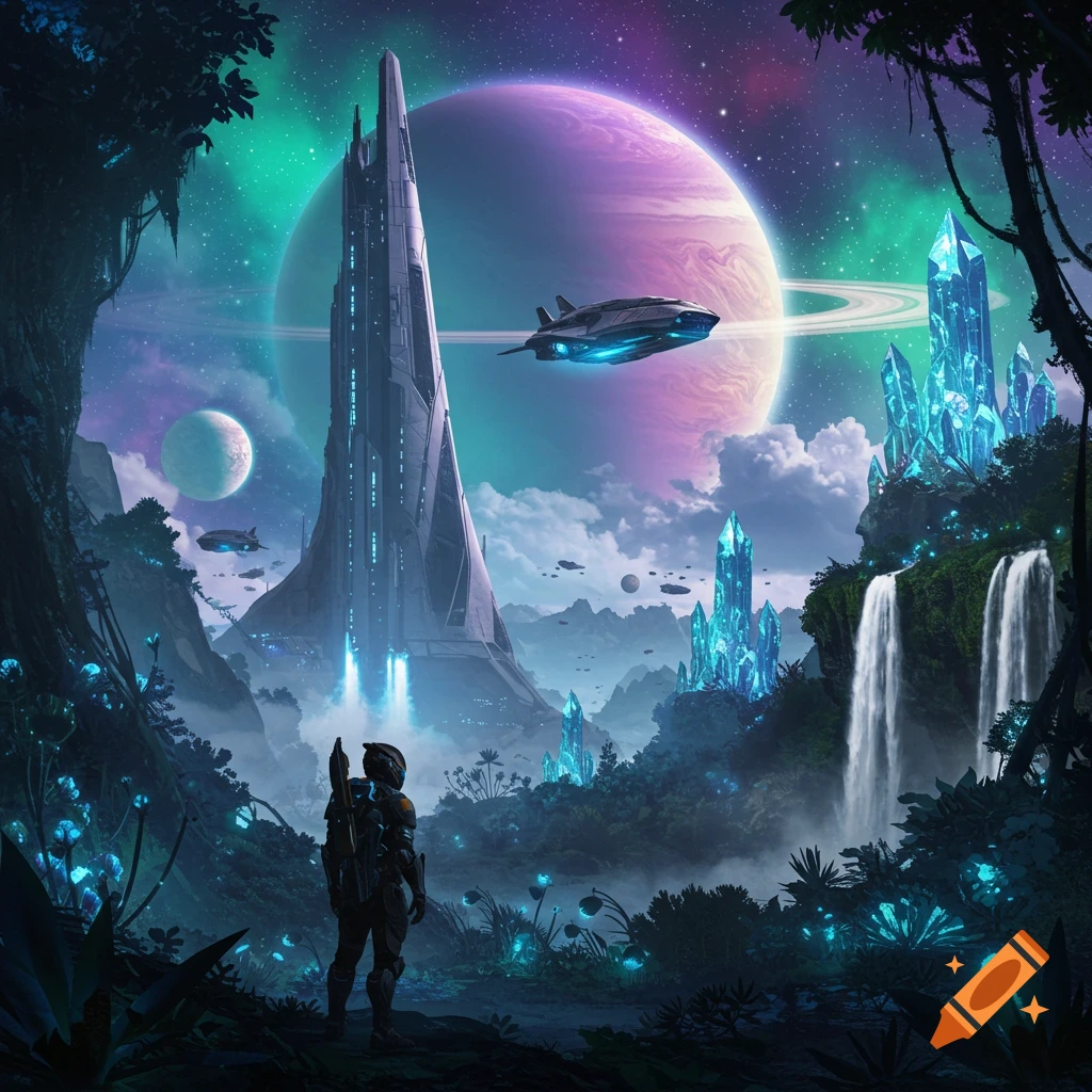 A person in a futuristic suit views a towering sci-fi city, spaceships, glowing crystals, and a ringed planet under a vibrant galaxy sky.