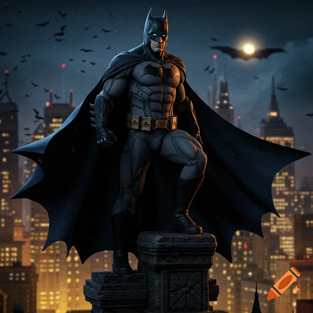 Batman in a black suit and cape stands on a stone perch overlooking a city at night, a bat-signal in the sky.