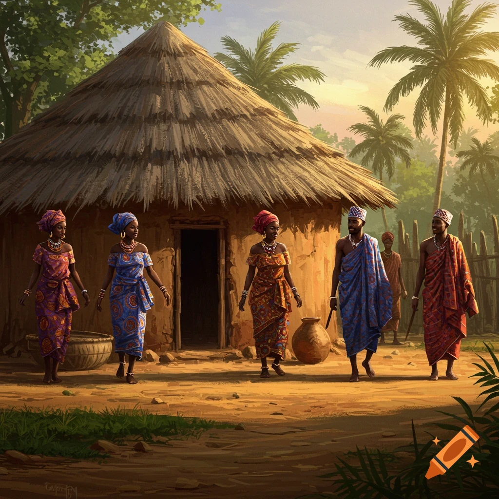 Painting of African people in colorful traditional attire walking outside a mud hut with palm trees under a sunny sky.