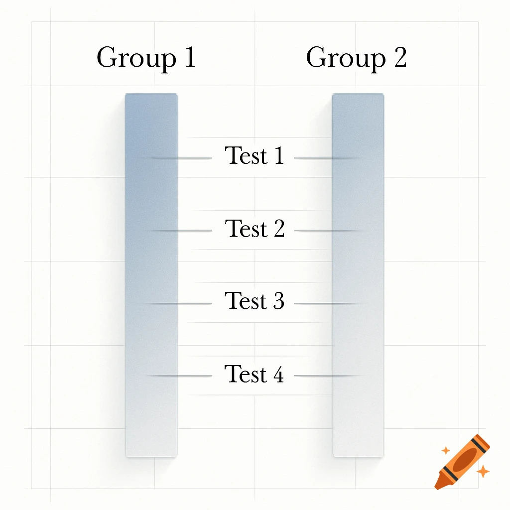 A scientific diagram comparing Group 1 and Group 2 across four tests, Test 1 to Test 4, indicating no difference.