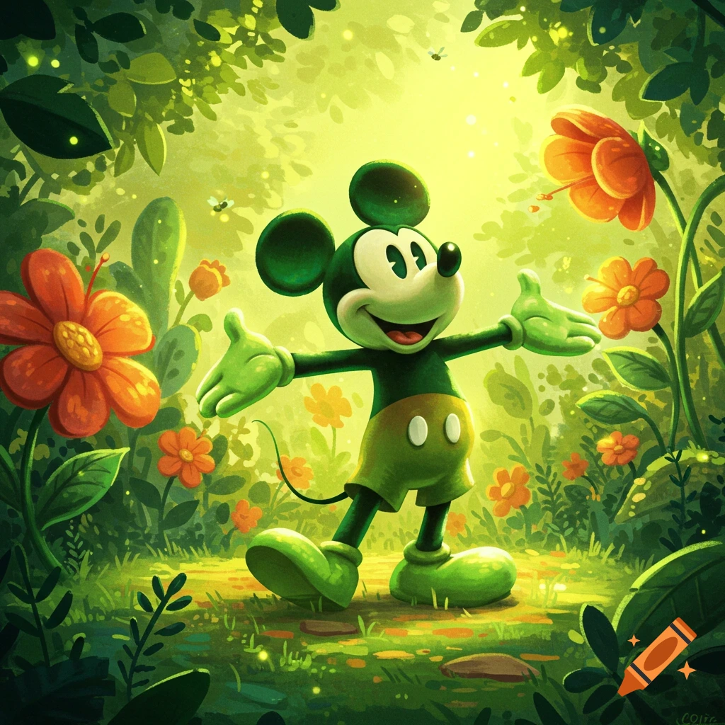 A happy green Mickey Mouse stands in a vibrant, lush green forest with colorful flowers and glowing light.