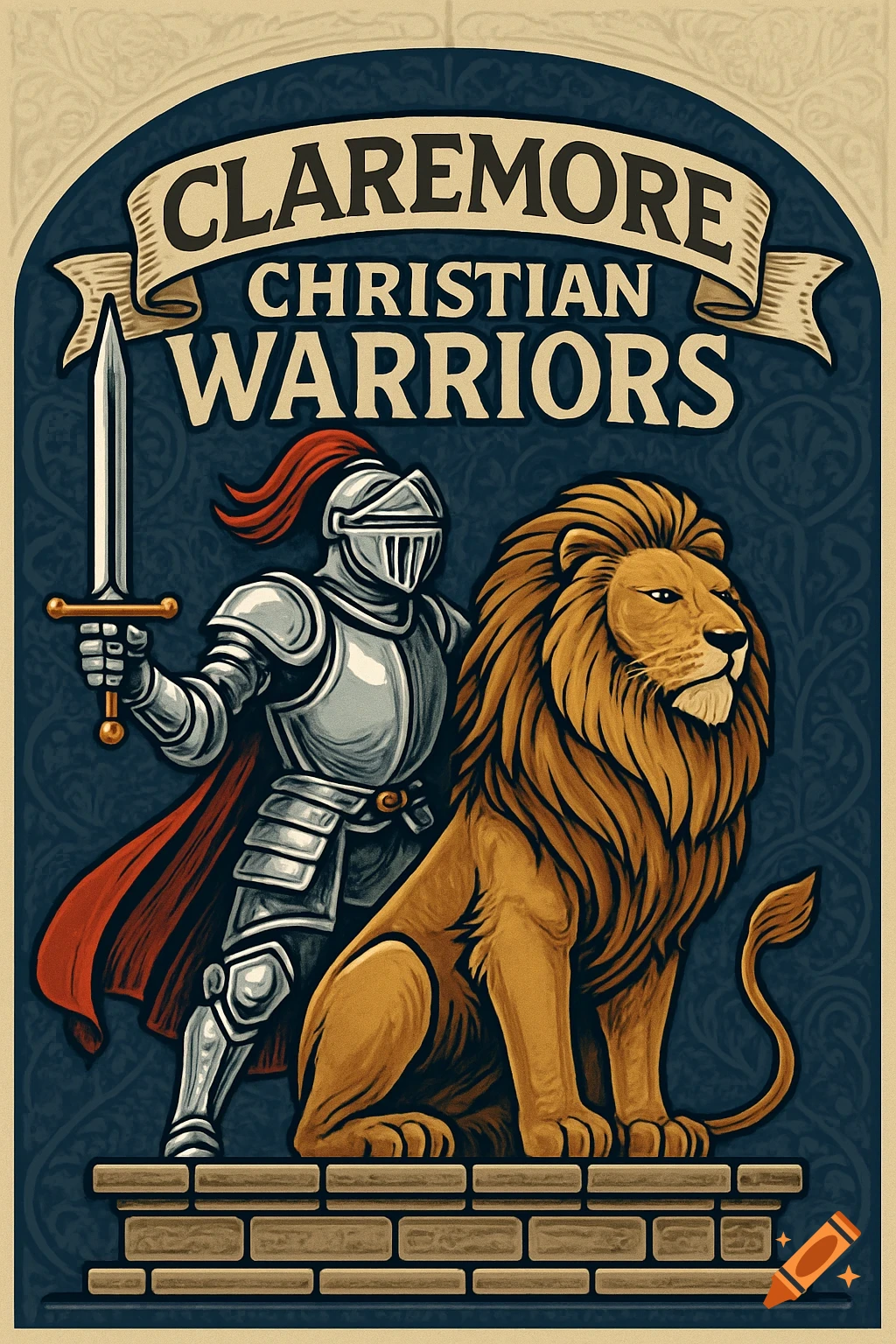Vintage illustration of an armored knight with a sword and a lion, below a banner reading 'CLAREMORE CHRISTIAN WARRIORS'.
