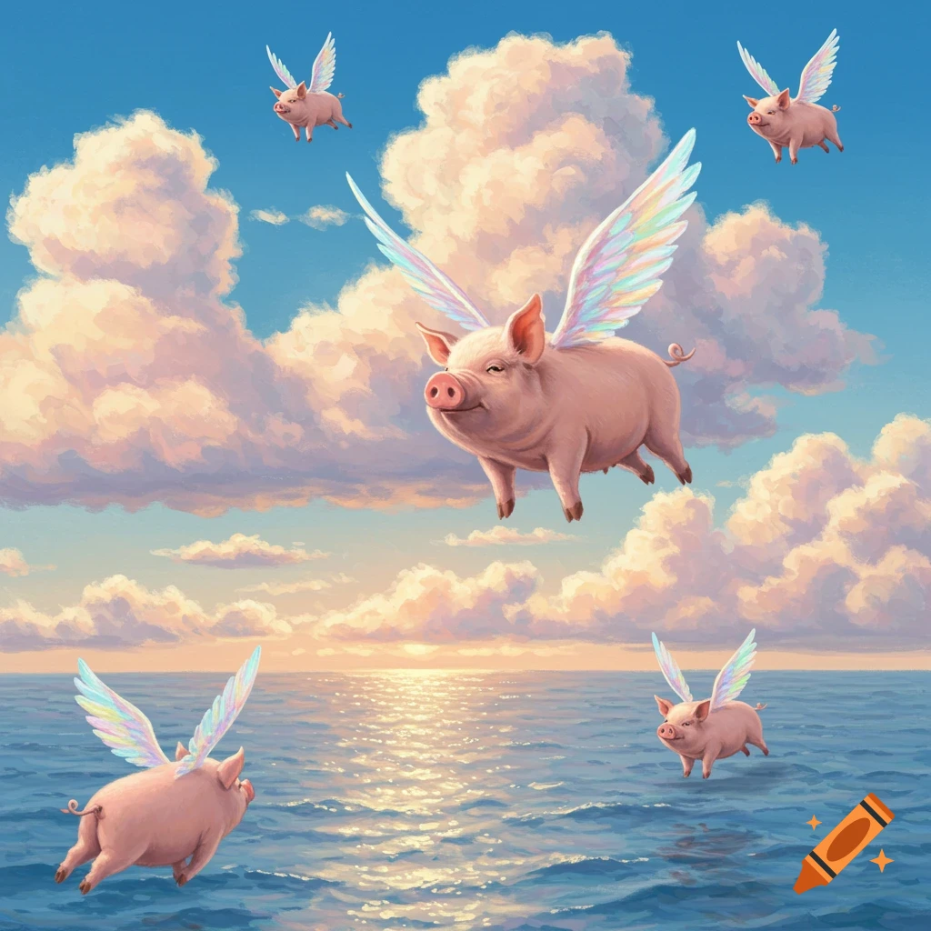 Pink pigs with iridescent wings fly above a blue ocean and cloudy sky at sunset, in a dreamy illustration.