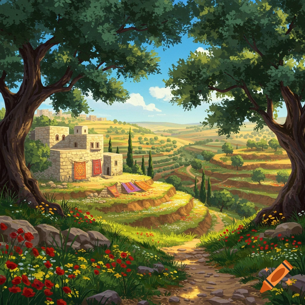 Vibrant illustration of a stone house nestled among terraced olive groves and fields, framed by large trees with a path leading through wildflowers.