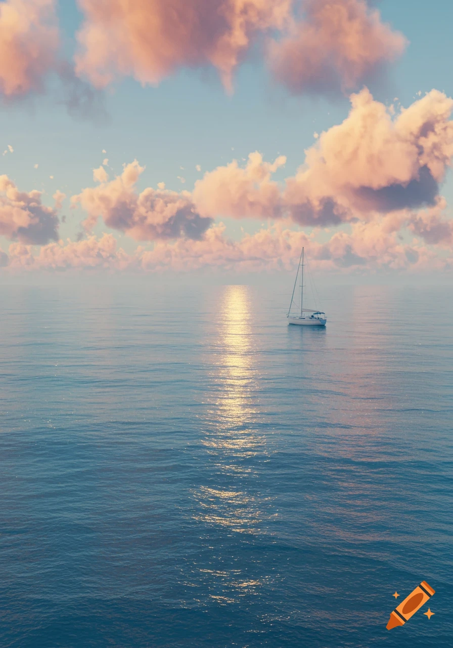 A sailboat floats on a calm, blue sea with a sun reflection, under a sky with soft pink clouds.