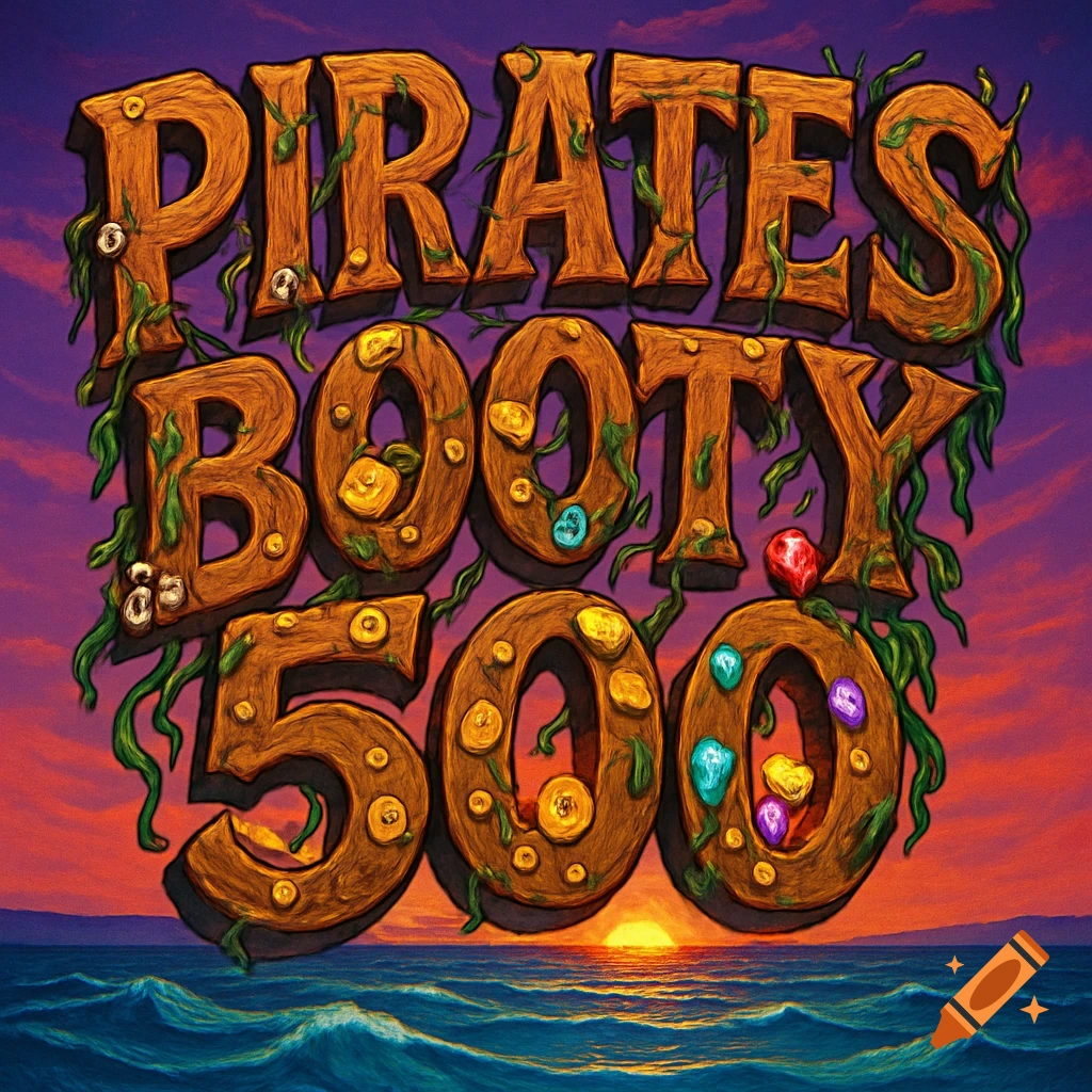 Stylized wooden letters spelling 'PIRATES BOOTY 500' adorned with vines, gold, and jewels, floating above a wavy ocean at sunset.