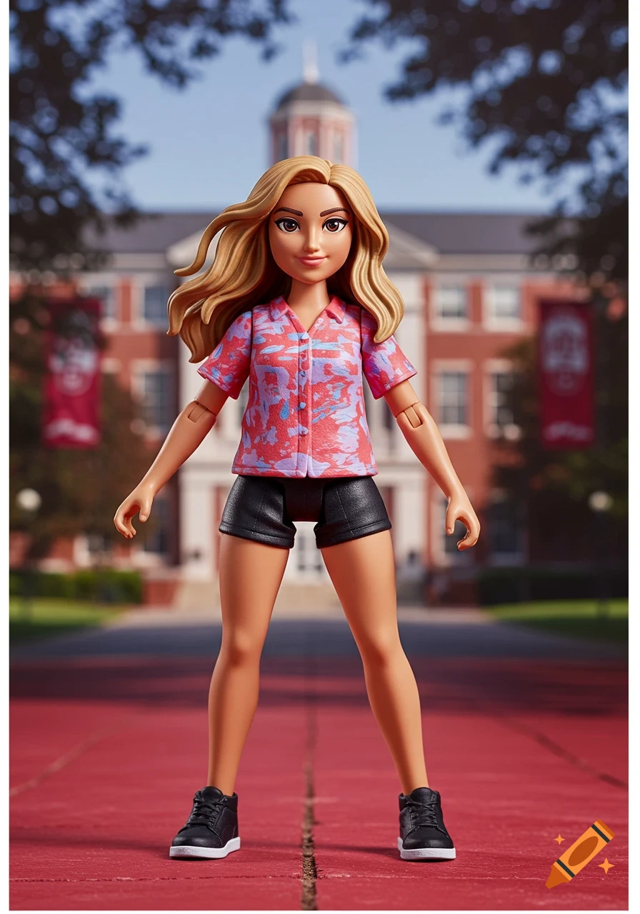 Full-body shot of a blonde female doll in a colorful shirt and black shorts on a red path in front of a university building.