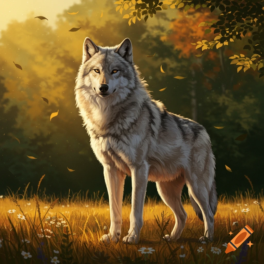 A photorealistic grey wolf stands in a sunlit golden field with falling autumn leaves and trees in the background.