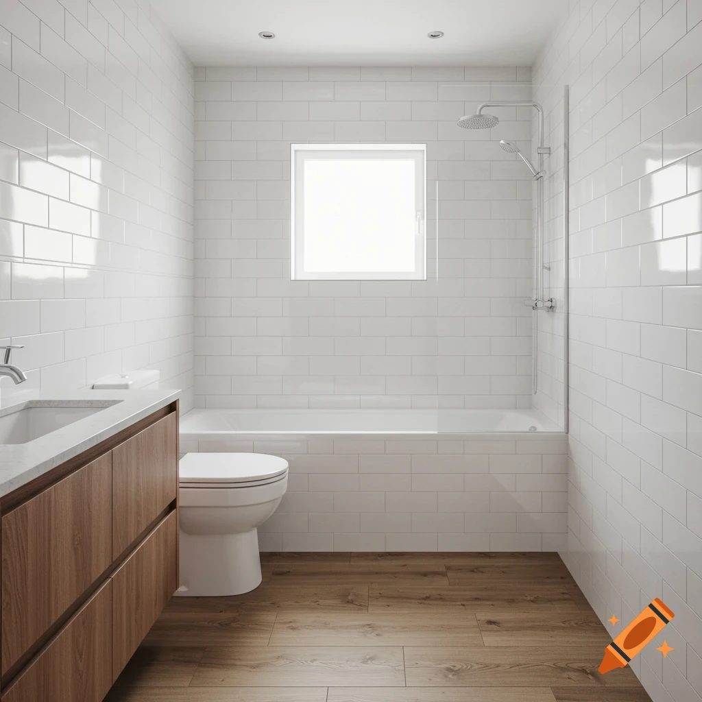 A bright, modern bathroom featuring white subway tiles, a light wood vanity, and a tub with a shower in a photorealistic style.