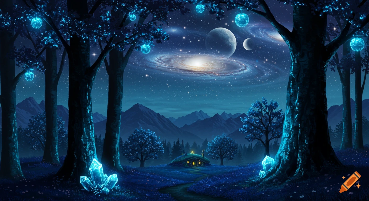 A magical night forest scene with glowing blue trees, large crystals, a path to a hobbit-like house, and a cosmic sky with a galaxy and planets.