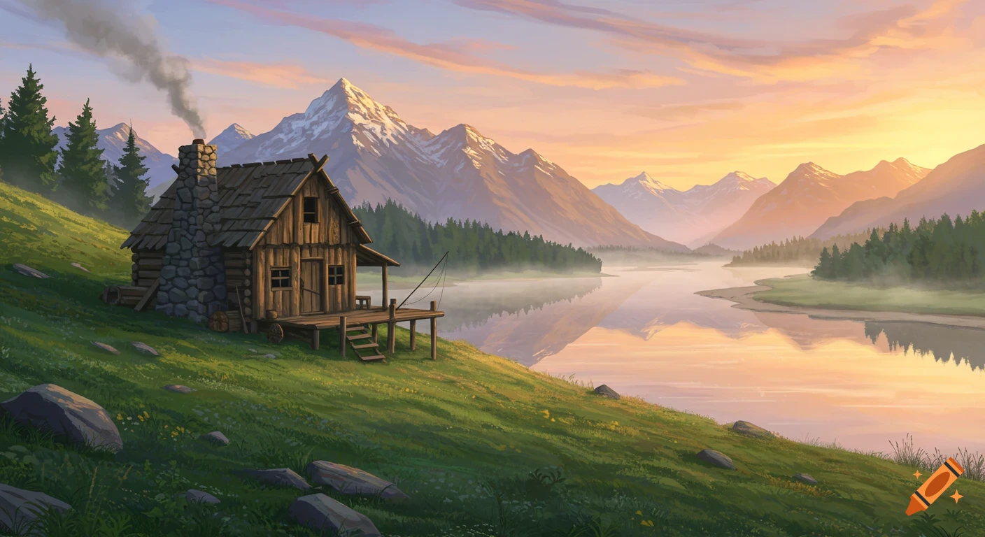 A rustic wooden cabin with a chimney on a grassy hillside, overlooking a tranquil lake and snow-capped mountains under a colorful sunrise sky, in a digital art style.