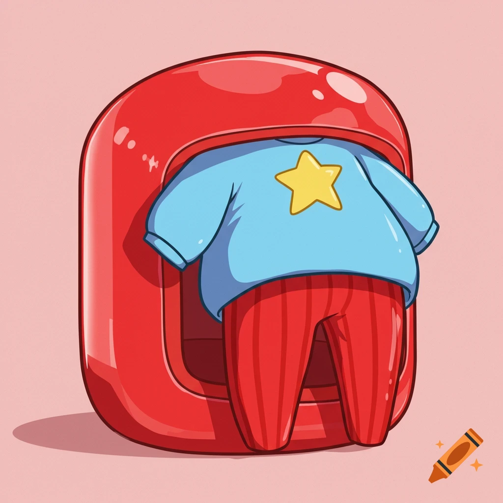 A cartoon character wearing a light blue shirt with a yellow star and red striped pants, emerging from a shiny red gacha box.