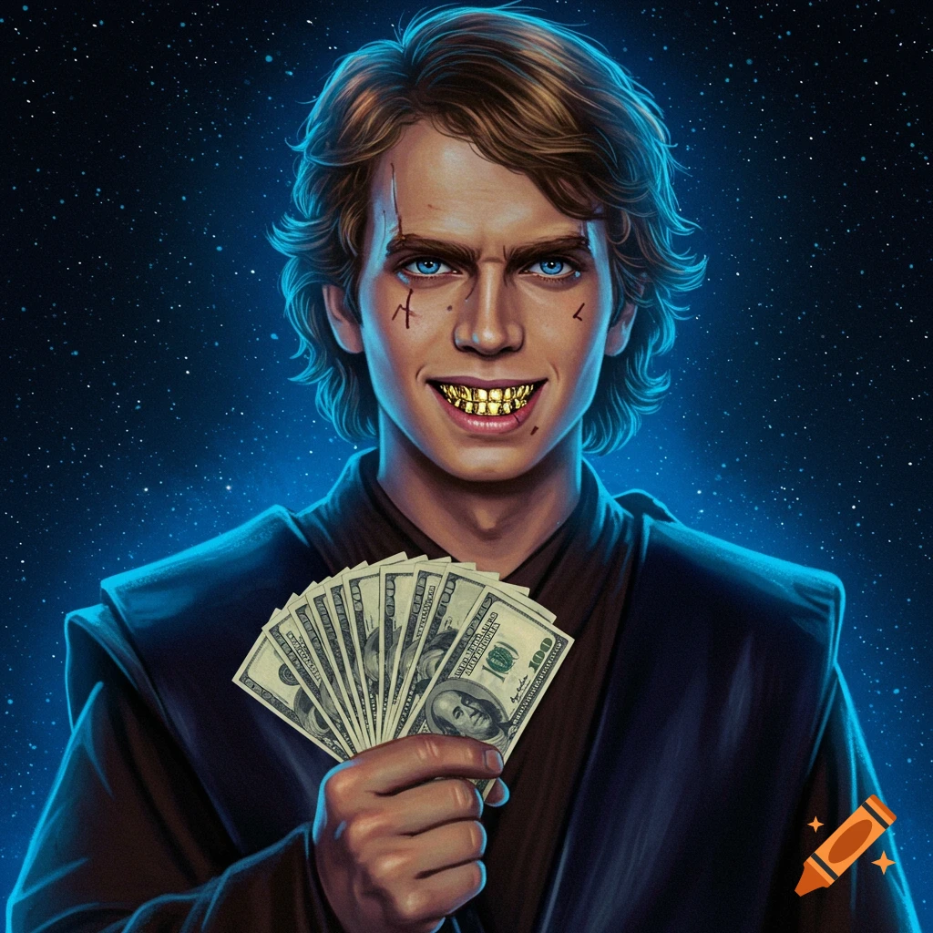 Anakin Skywalker with golden grillz smiles while holding a fan of dollar bills, set against a starry blue background. The art style is a vibrant, detailed digital illustration.