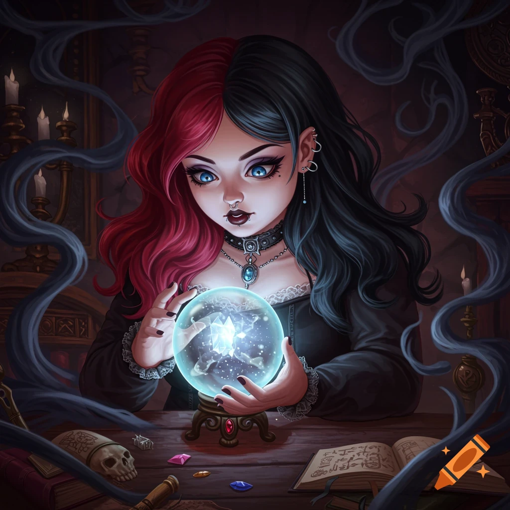 A gothic girl with red and black hair, blue eyes, and piercings looks into a glowing magic crystal ball in a dark room.
