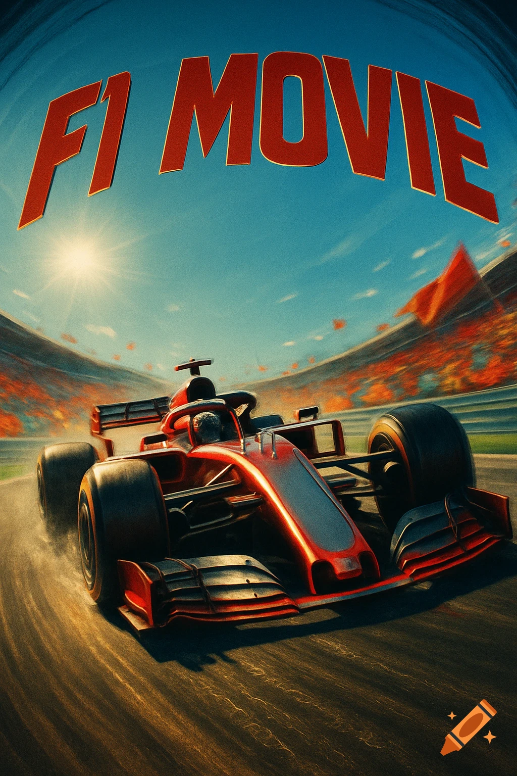 A poster featuring a red Formula 1 race car on a track, with "F1 MOVIE" in large red letters above, under a bright blue sky with a stadium in the background.