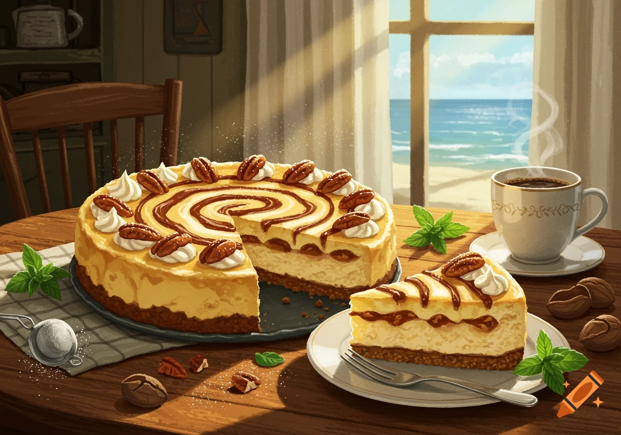 Pecan cheesecake with a slice cut, coffee, and nuts on a wooden table by a window with an ocean view. Painted style.