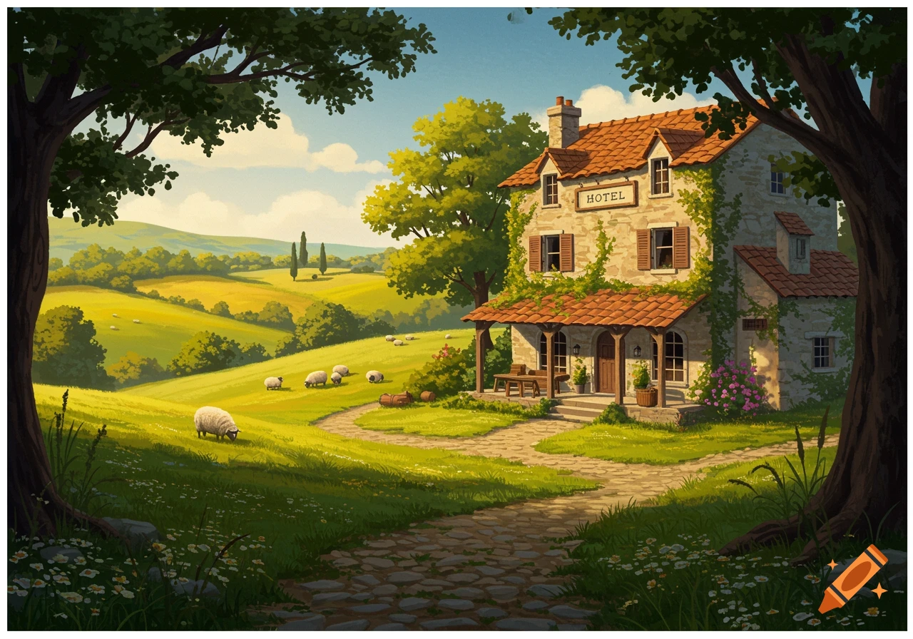 An idyllic rural hotel with a red roof, surrounded by green hills, trees, and grazing sheep, rendered in an illustrative style.