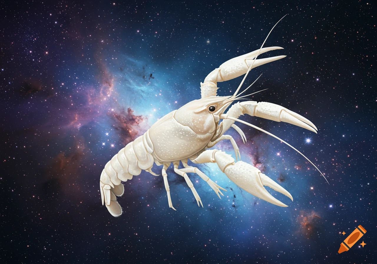 A white crayfish floats in a vast cosmic space filled with stars and colorful nebulae.