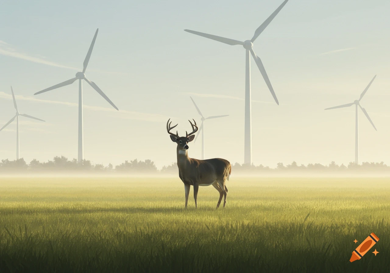 A white-tailed deer stands in a grassy field with large wind turbines in the misty background.