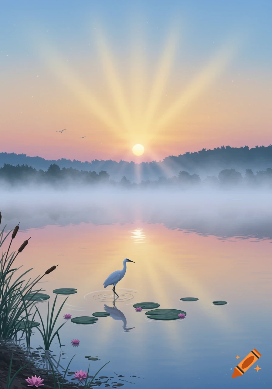 A white egret stands in a tranquil, misty lake with lily pads and cattails, under a colorful sunrise sky.