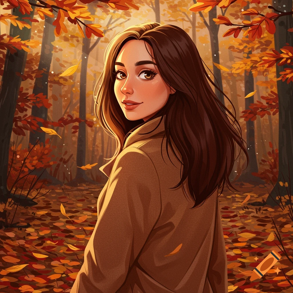 Illustrative portrait of a young woman with brown hair and amber eyes, wearing a brown coat, looking back in a sunlit autumn forest with colorful leaves.