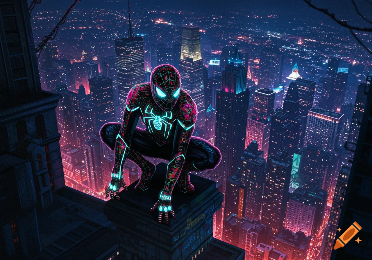 Spider-Man in a black and neon suit crouches on a rooftop overlooking a vibrant, neon-lit cyberpunk city at night.