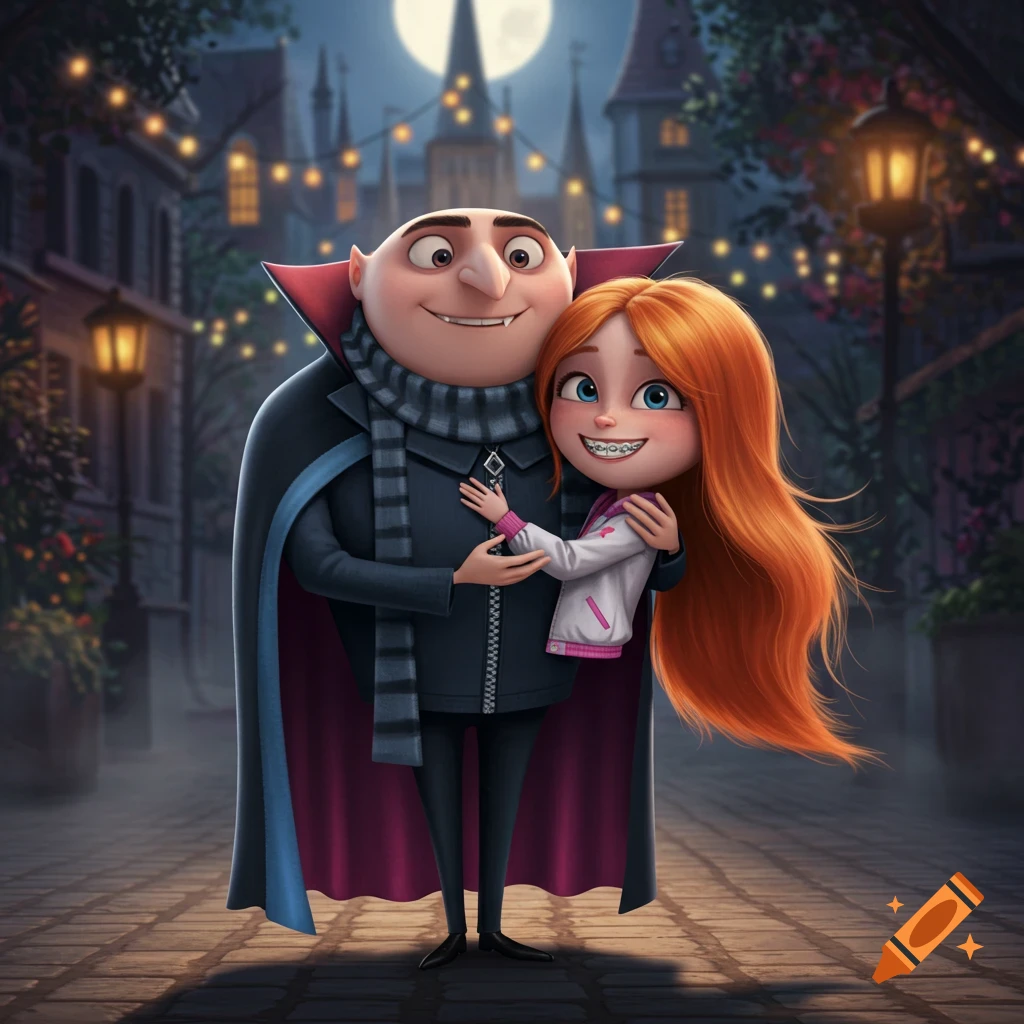 Cartoon Gru dressed as a vampire holding a red-haired girl with braces, on a cobblestone street at night with string lights.