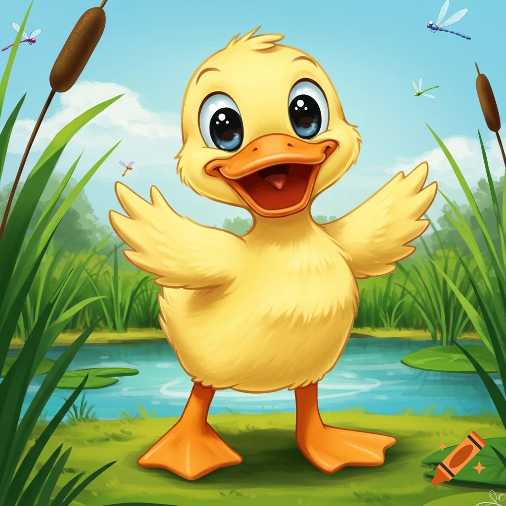 A happy yellow cartoon duck with big blue eyes, open beak, and outstretched wings, stands in a grassy wetland with a pond and dragonflies.