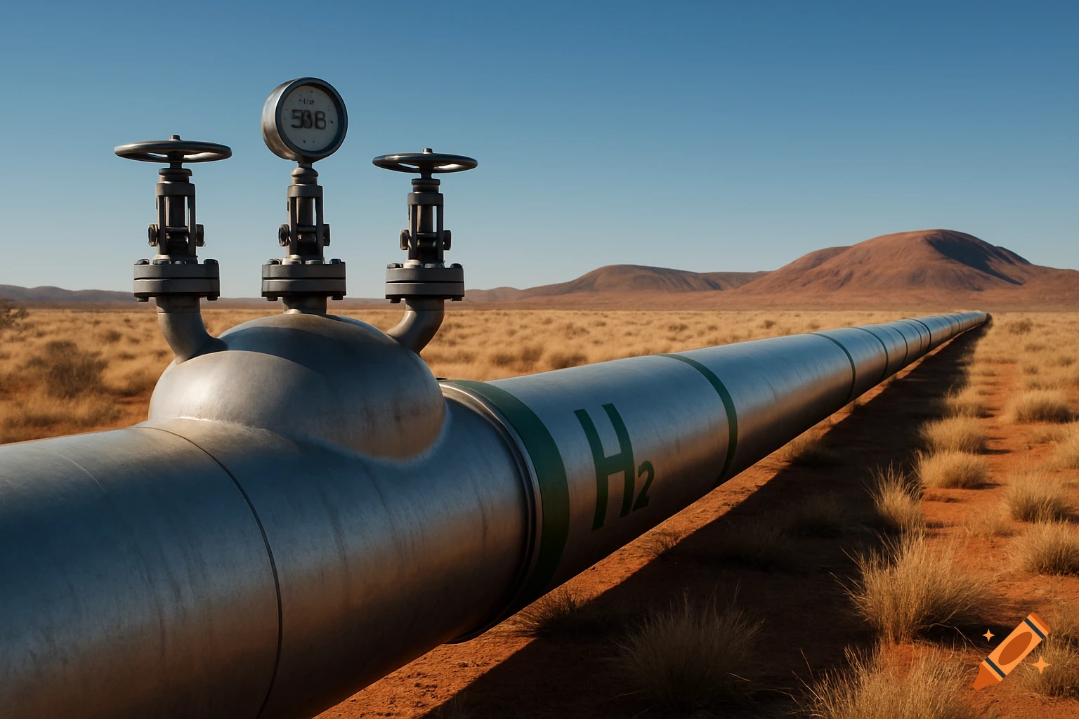 A photorealistic image of a hydrogen pipeline with a test header and valves extending across a dry Australian outback landscape under a clear sky, marked with H2 symbols.