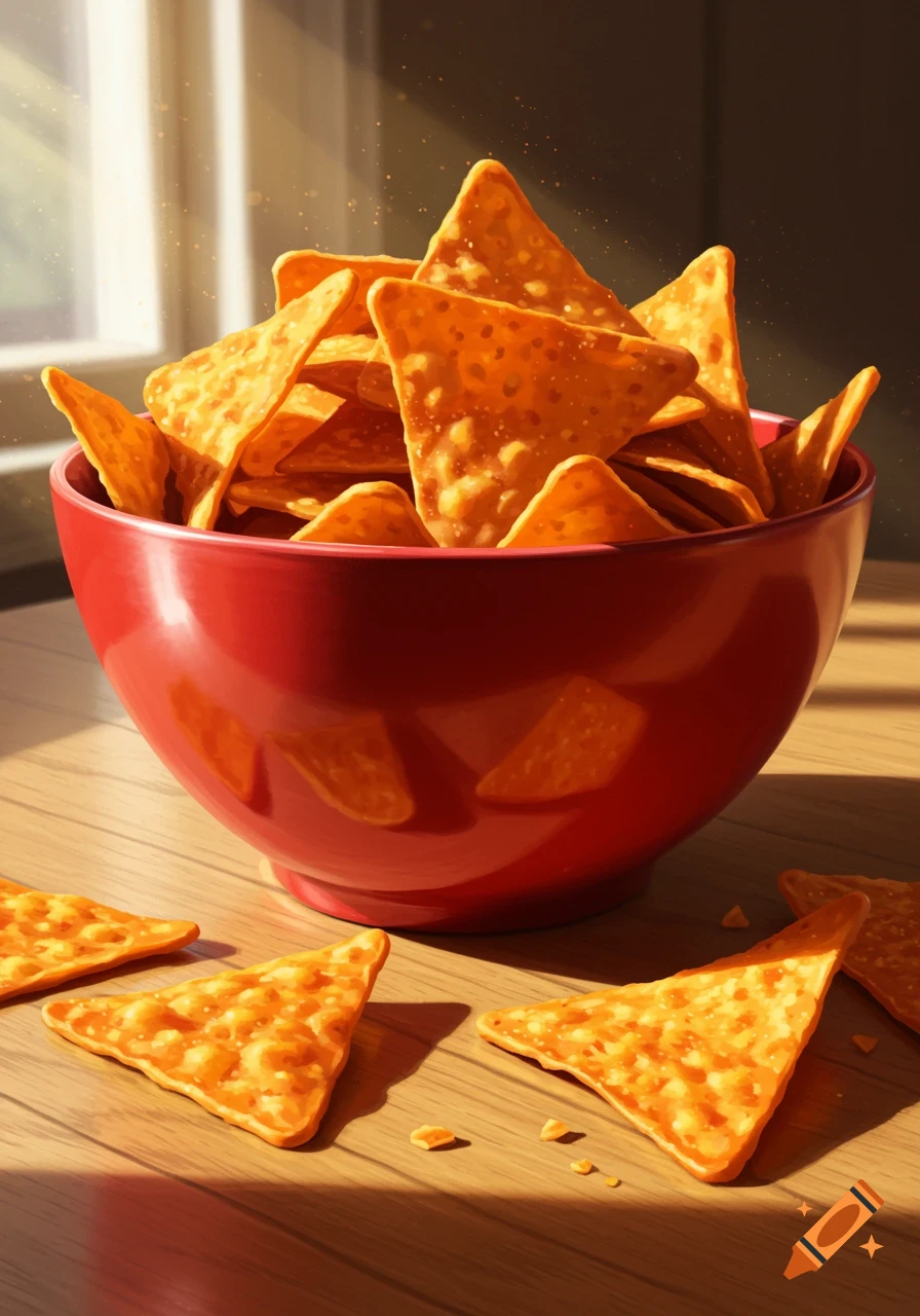 A red bowl overflowing with orange tortilla chips, with some chips scattered on a sunlit wooden table. Digital art.