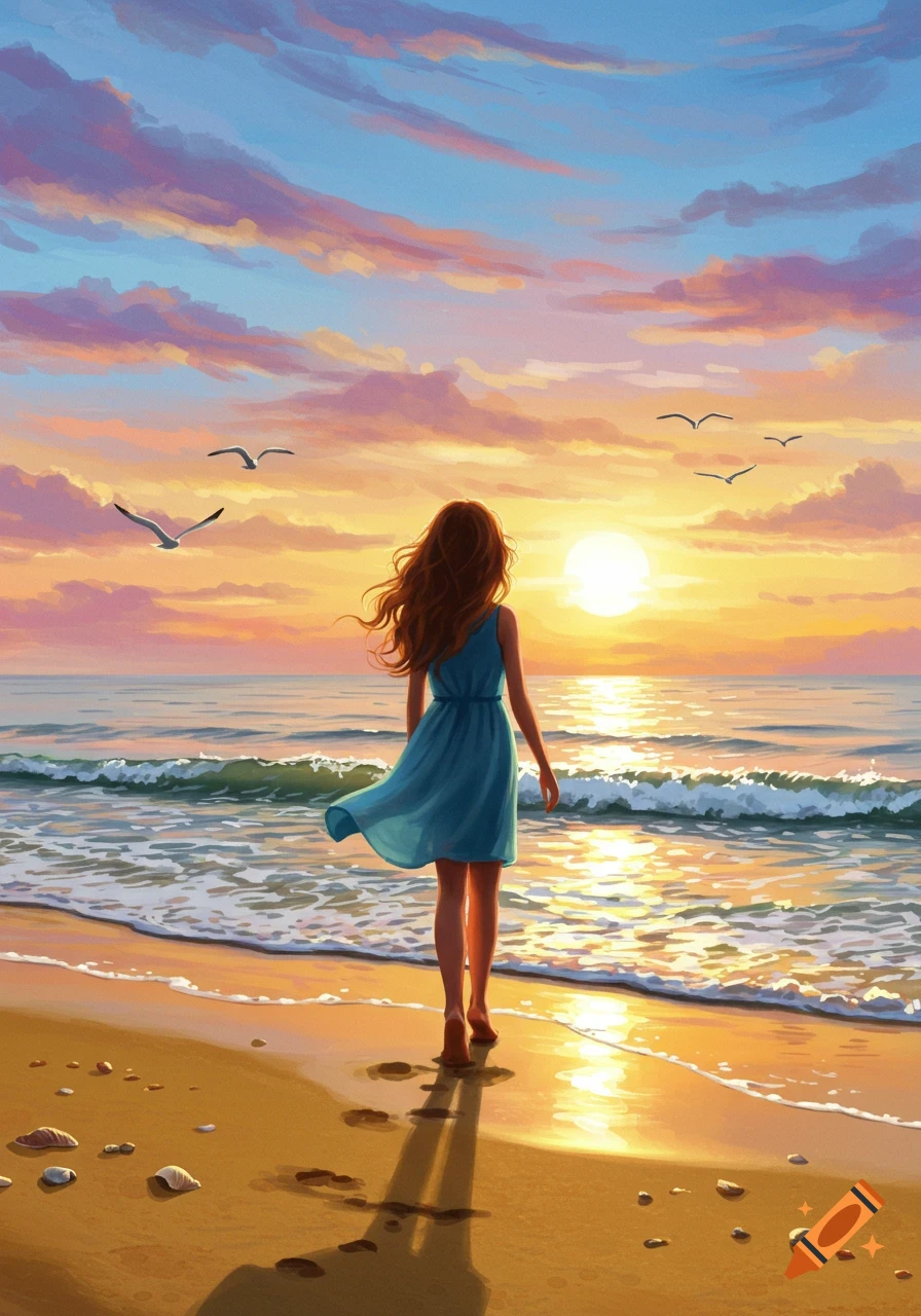 A girl with flowing red hair walks along a sandy beach towards a vibrant sunset, with seagulls flying overhead.
