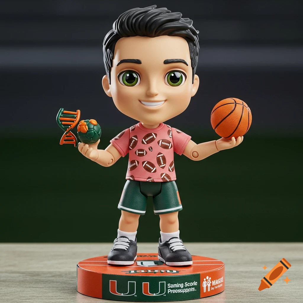 An action figure of a young man with black hair, hazel eyes, a pink football shirt, and green shorts, holding a DNA model, a soccer ball, and a basketball.