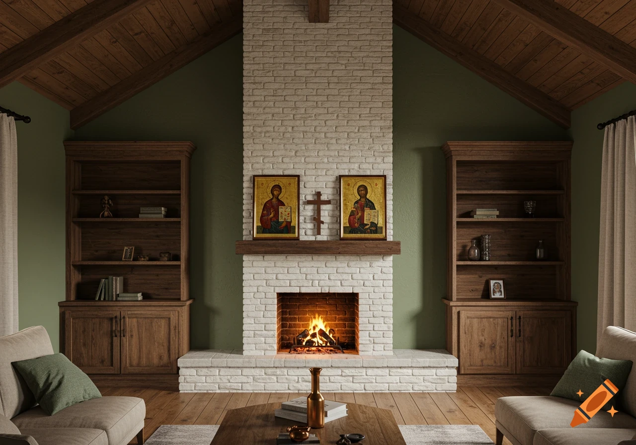 A cozy living room with a whitewashed brick fireplace, flanked by wooden bookshelves, under a cathedral ceiling with cedar beams.