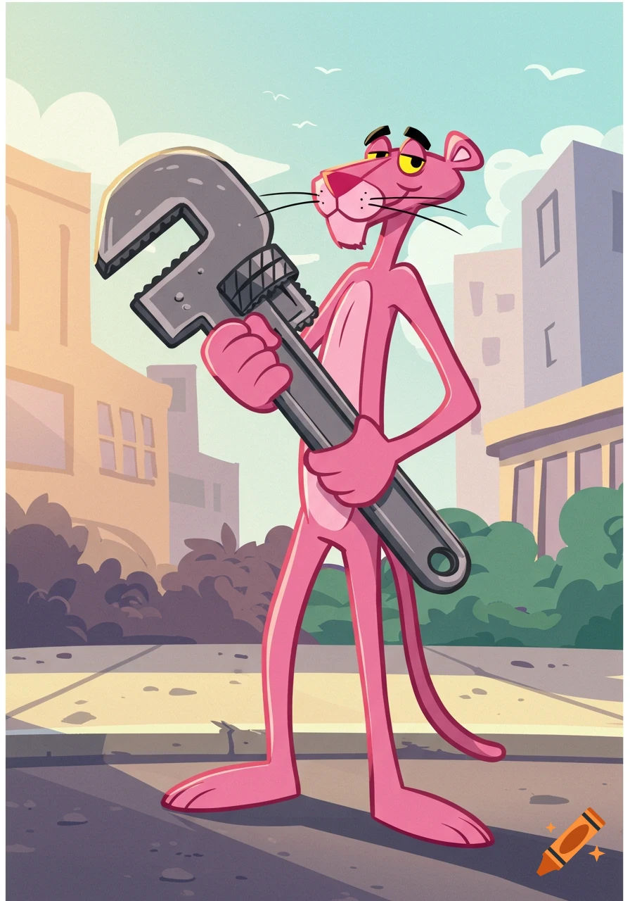 A cartoon Pink Panther stands upright, holding a large grey pipe wrench, in an urban setting with buildings under a clear sky.