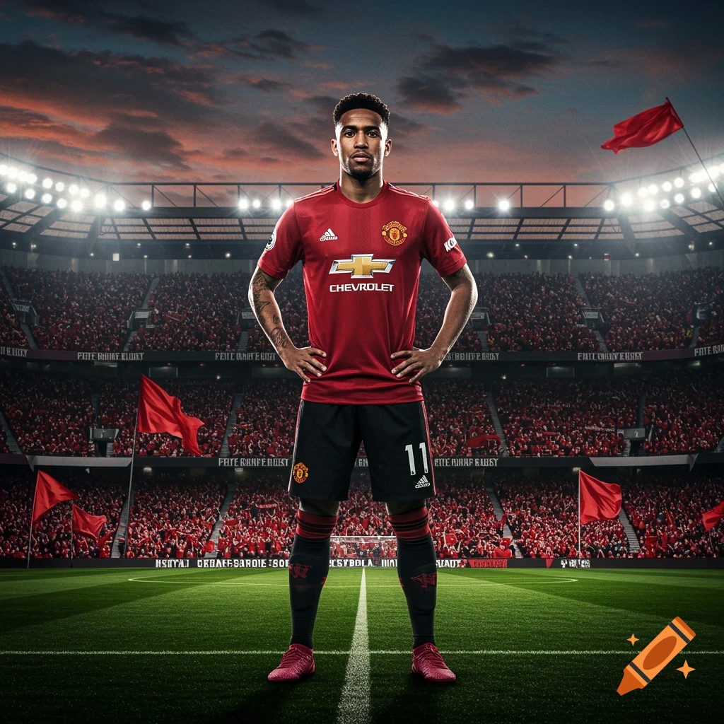 A photorealistic image of a male soccer player in a red Manchester United jersey standing on a green field in a stadium filled with fans under a dramatic sky.