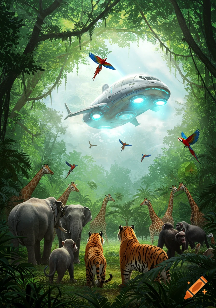 Elephants, giraffes, and tigers look up at a glowing spaceship hovering in a lush jungle, digital art.