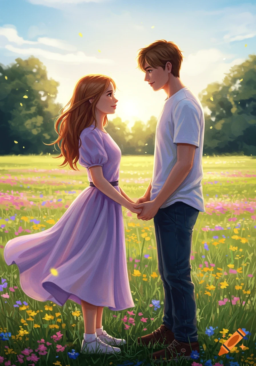 Anime couple holding hands in a sunlit field of colorful wildflowers.