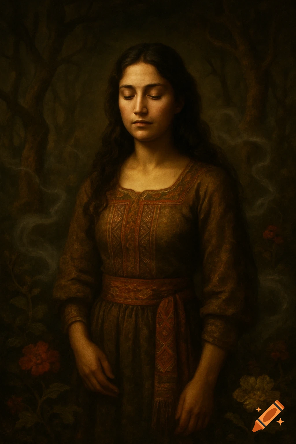 Dark, painterly portrait of a woman with long hair and closed eyes in a mystical forest.
